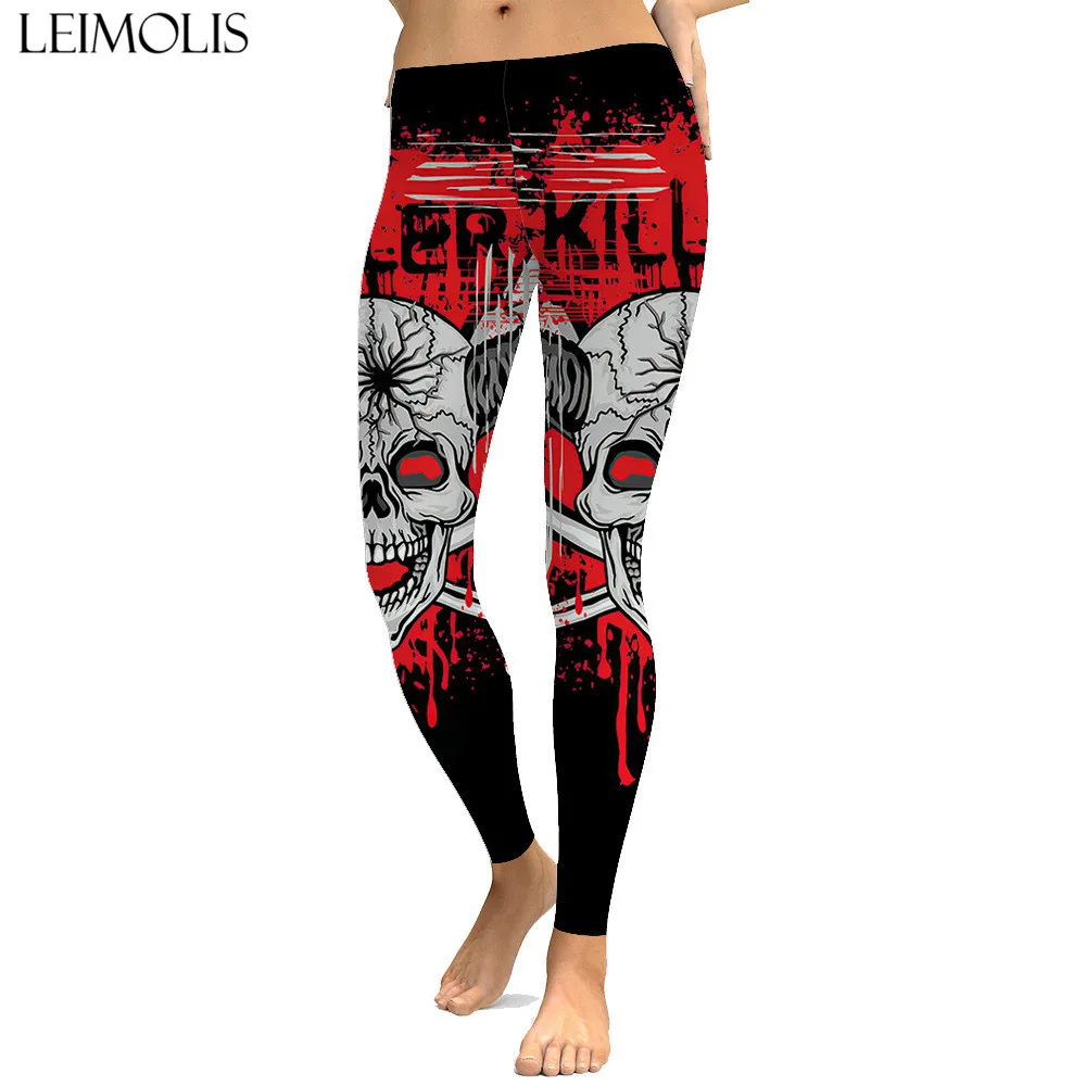 

LEIMOLIS sexy gothic black Bloody Skull print push up leggings plus size women fitness workout punk high waist spandex leggins