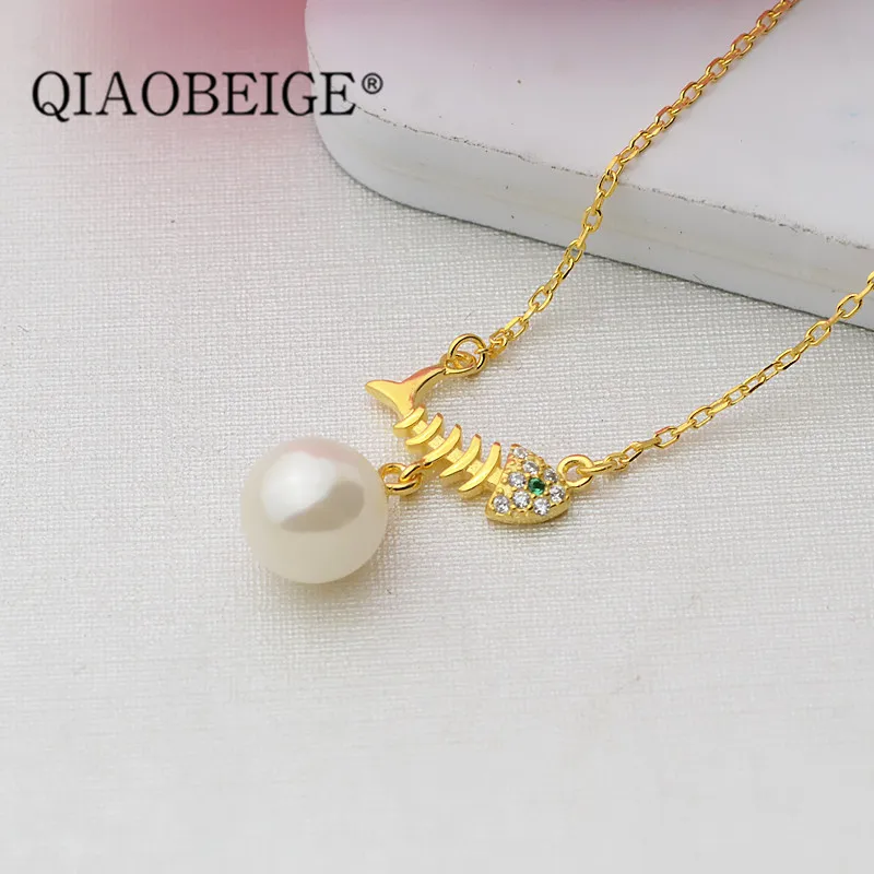 QIAOBEIGE Рыба Стиль жемчужный аксессуар модное ожерелье из стерлингового серебра Настоящее Жемчужное ожерелье женские ювелирные украшения
