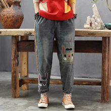 Женские джинсовые штаны, джинсы, штаны, большие свободные Мультяшные нашивки, модные повседневные Ретро Винтажные штаны для осени и зимы AZ25192520