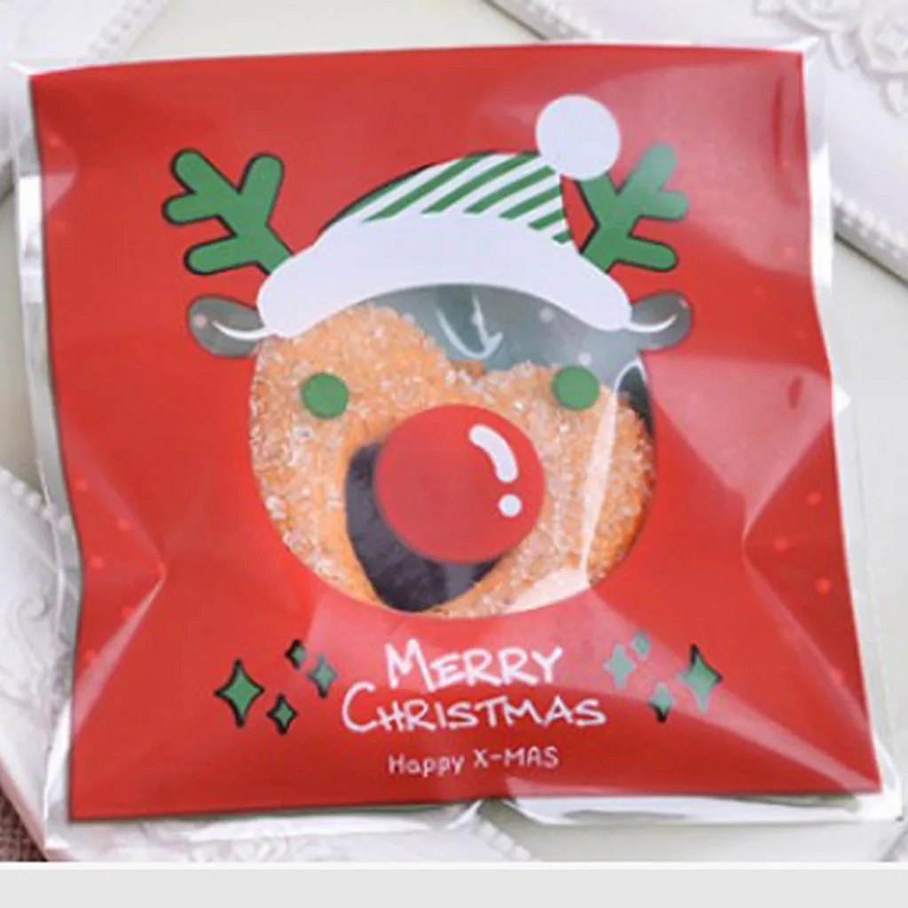 100 шт., Рождественский пластиковый пакет, самоклеющиеся конфетные пакеты для печенья, Санта-Клаус, снежинка, рождественские пластиковые подарочные пакеты, год# S