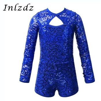 

Kids Girls Gymnastics Leotard Ballet Costume Long Sleeves Shiny Sequins Keyhole Back Ballet Dance Leotard Jumpsuit Biketard