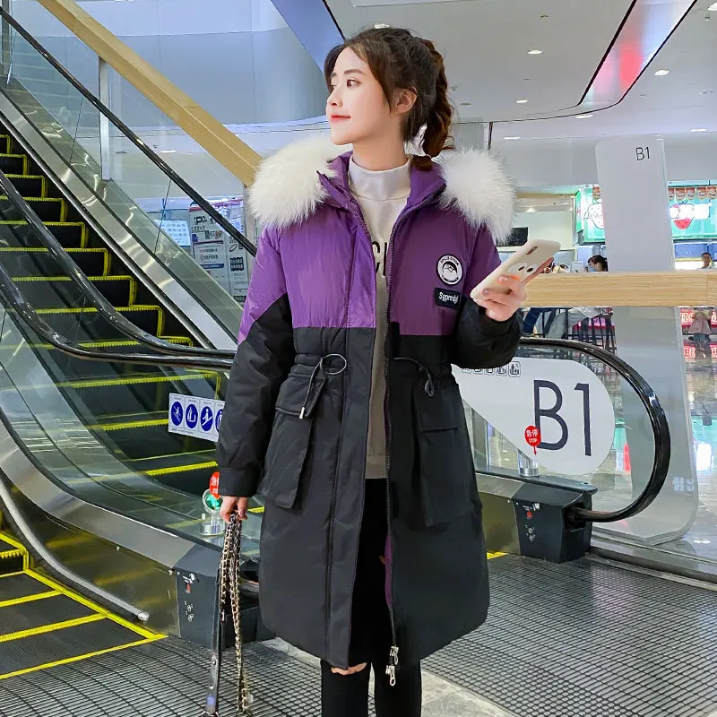 

Fashion Patchwork Color Long Hooded Parka With Fur Collar Winter Jacket Women 2020 New Casual Adjustable Waist Parka Coat