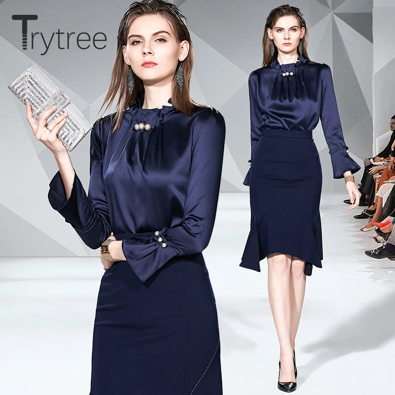 Trytree Осень Зима Женский повседневный комплект из двух предметов топ с расклешенными рукавами+ юбка приталенный до колен комплект для офисной Леди комплект из 2 предметов