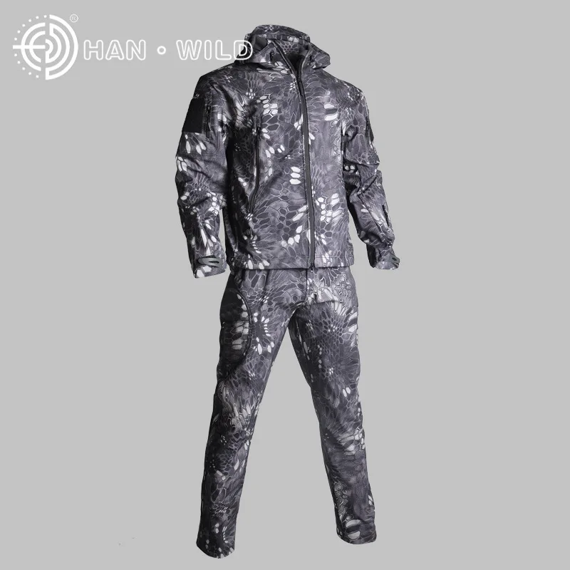 Black Python Тактические Sharkskin Softshell TAD костюмы мужская камуфляжная охотничья одежда военная походная ветрозащитная водонепроницаемая куртка с капюшоном+ брюки - Цвет: Black Python