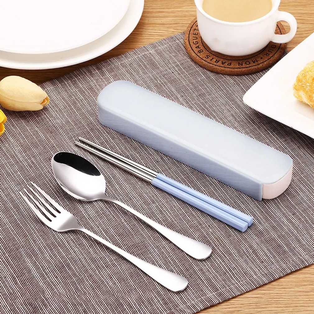 

3pcs Portable Dinnerware Set Stainless Steel Travel Tableware With Box For Kid Picnic Cutlery Dinner Set Kitchen Accessories