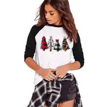 Клетчатая леопардовая женская футболка с принтом рождественских деревьев милые Графические футболки с круглым вырезом и рукавами реглан Harajuku винтажные рождественские Топы