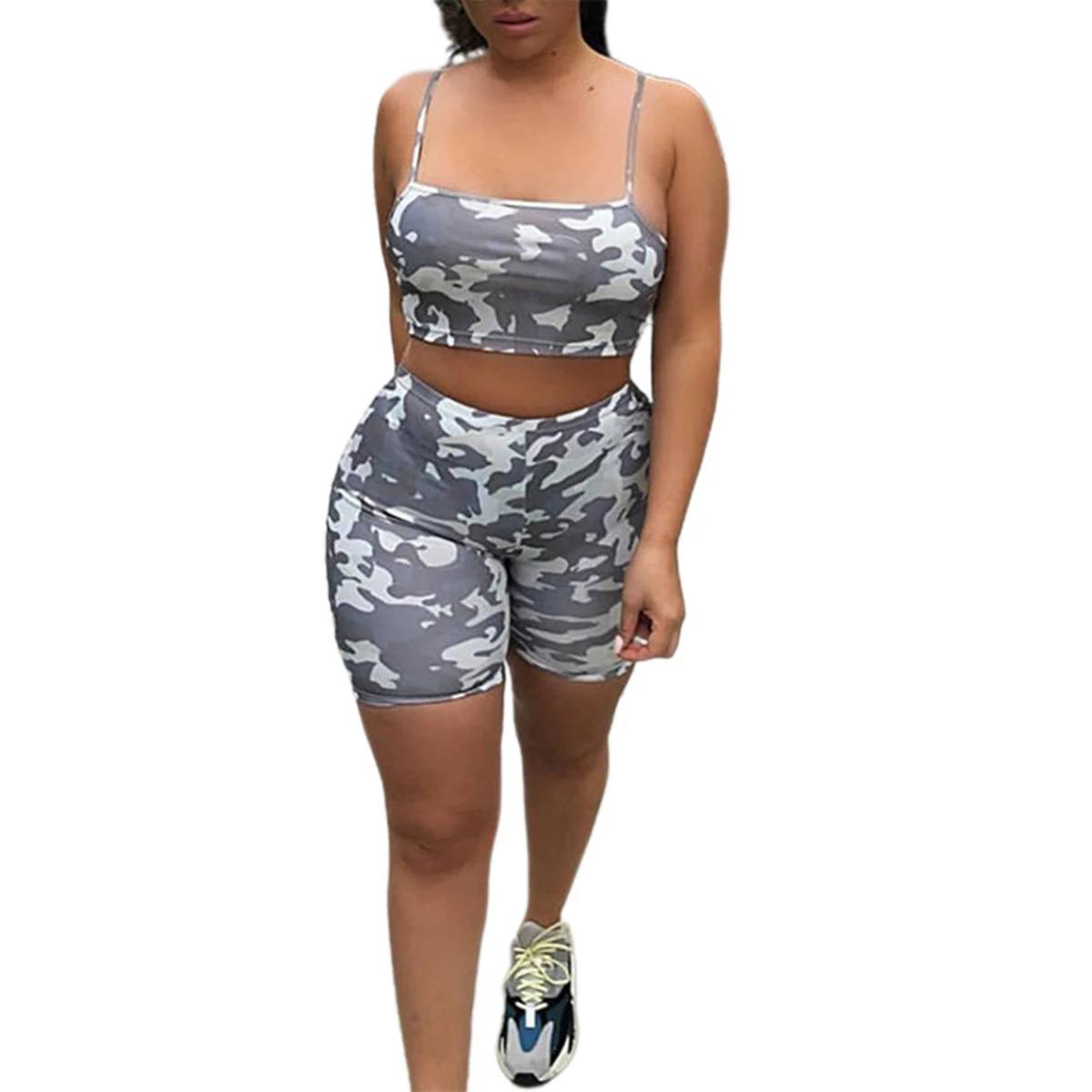 Spirio Womens Summer 2 Pieces Camo Print Tops with Shorts Tracksuit Outfit Set Spirio Womens Summer 2 Pieces Camo Print Tops with Shorts Tracksuit Outfit Set