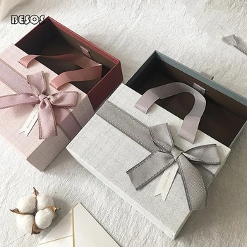

Fresh Simple Pink Gray Bronzing Bow Wedding Party Birthday Activities Scarf Bra Wallet Belt Rectangular Drawer Paper Gift Box