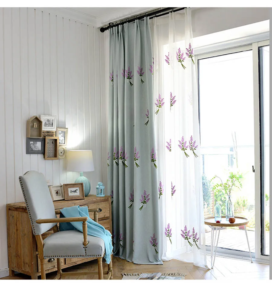 Purple Lavender Pastoral Embroidery Semi Blackout Bedroom Curtains Cotton and Linen Curtain Fabrics For Chilren's Room MY303-50