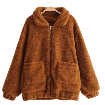 

Winter Lamb Stuff Basic Jacket Loose Women Coat Plus Size Streetwear Pure Color Outerwear & Coats Wool Blends Boyfriend