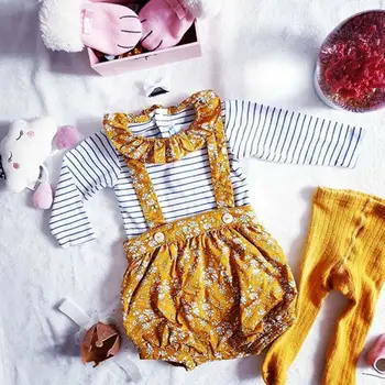 

Newborn Baby Kids Girl Long Sleeve Striped T-Shirt + Strap Pants Floral Outfit 2PCS Clothes Set