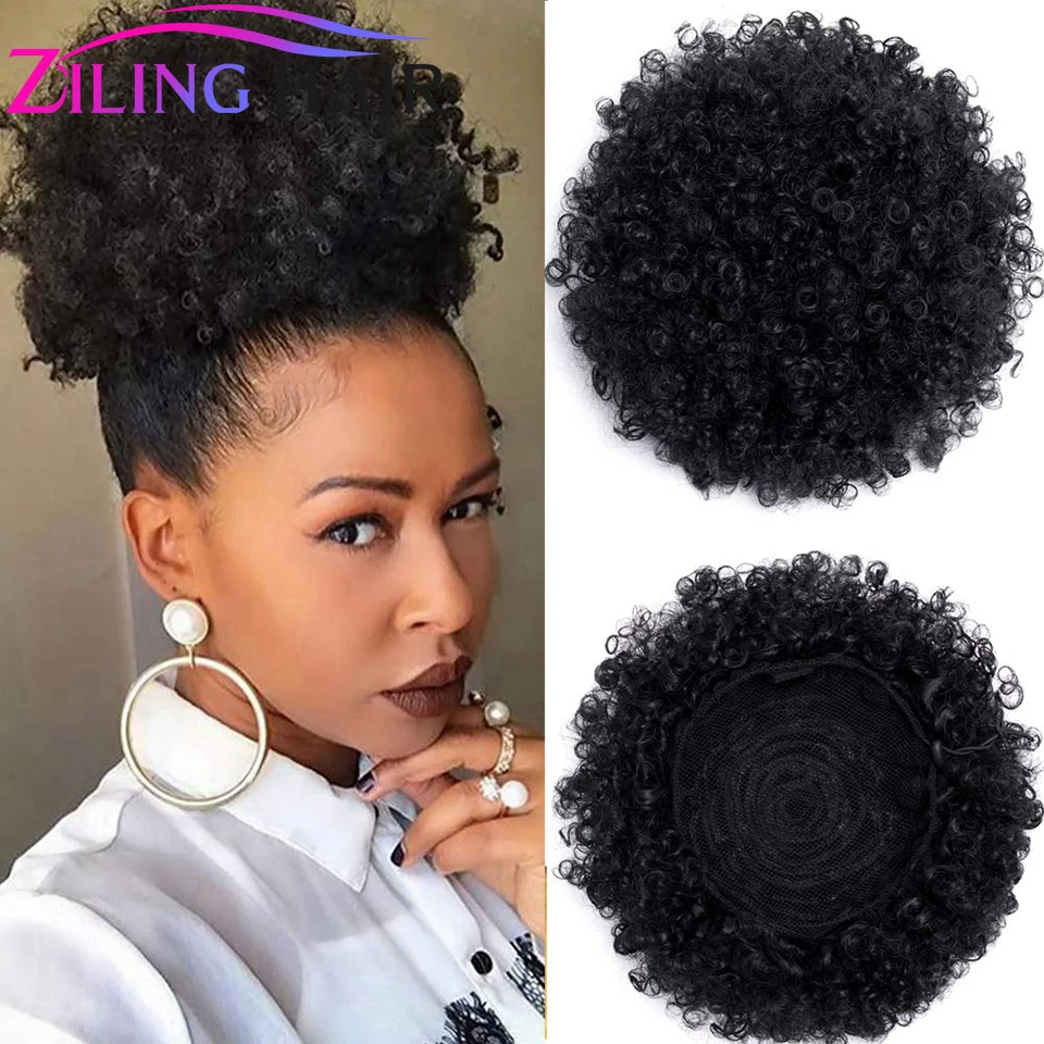 

Synthetic kinky curly high puff hairpiece hair afro updo scrunchie hair accessory chignon bun with clips in for girl and women