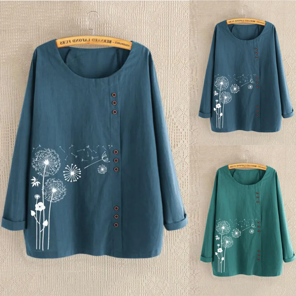 winter fashion Plus Size Women Long Sleeve Cotton Linen O-Neck Print Blouse Top T-Shirt plus size christmas Ropa de mujer