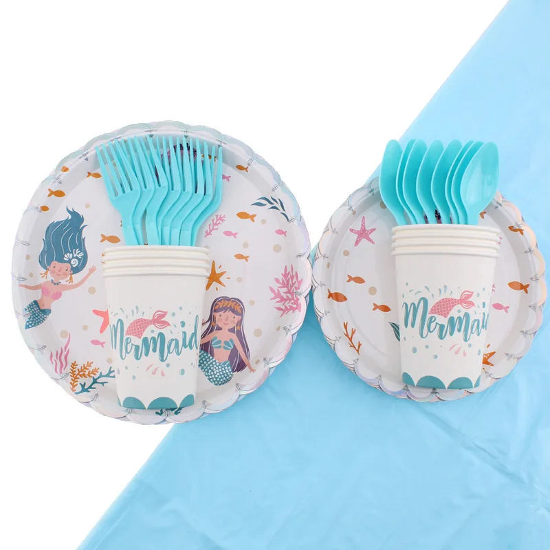 1set Girl Happy Birthday Party Set Mermaids Tableware Paper Cups Plate Latex Balloons stand Baby Shower Decorations | Дом и сад