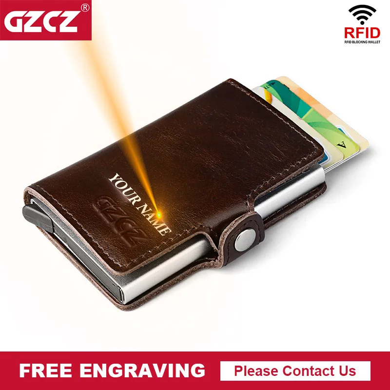 GZCZ мужской алюминиевый кошелек из натуральной кожи, задний карман, ID держатель для карт, RFID Блокировка, мини волшебный кошелек, автоматический кошелек для карт, портмоне