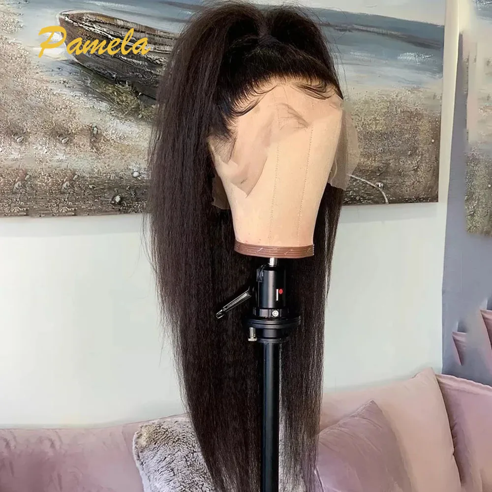 Double Texture Kinky Straight Preplucked Wigs 4x4 5x5 Lace Closure Yaki Straight Glueless Wig Human Hair Ready To Wear For Women