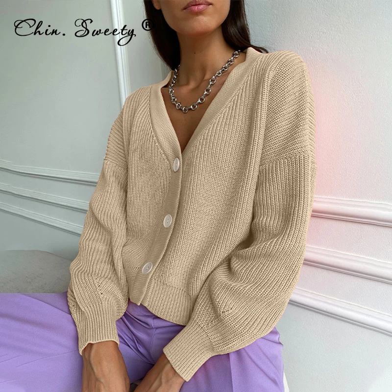 Knitted Cardigan For Women Long Sleeve Solid V-neck Single Breasted Oversize Sweater Coat 2021 Autumn Button Female Cardigans |