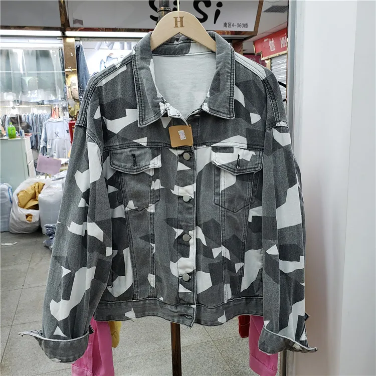 

2019 new print cowgirl jacket military gray tooling Korean version loose