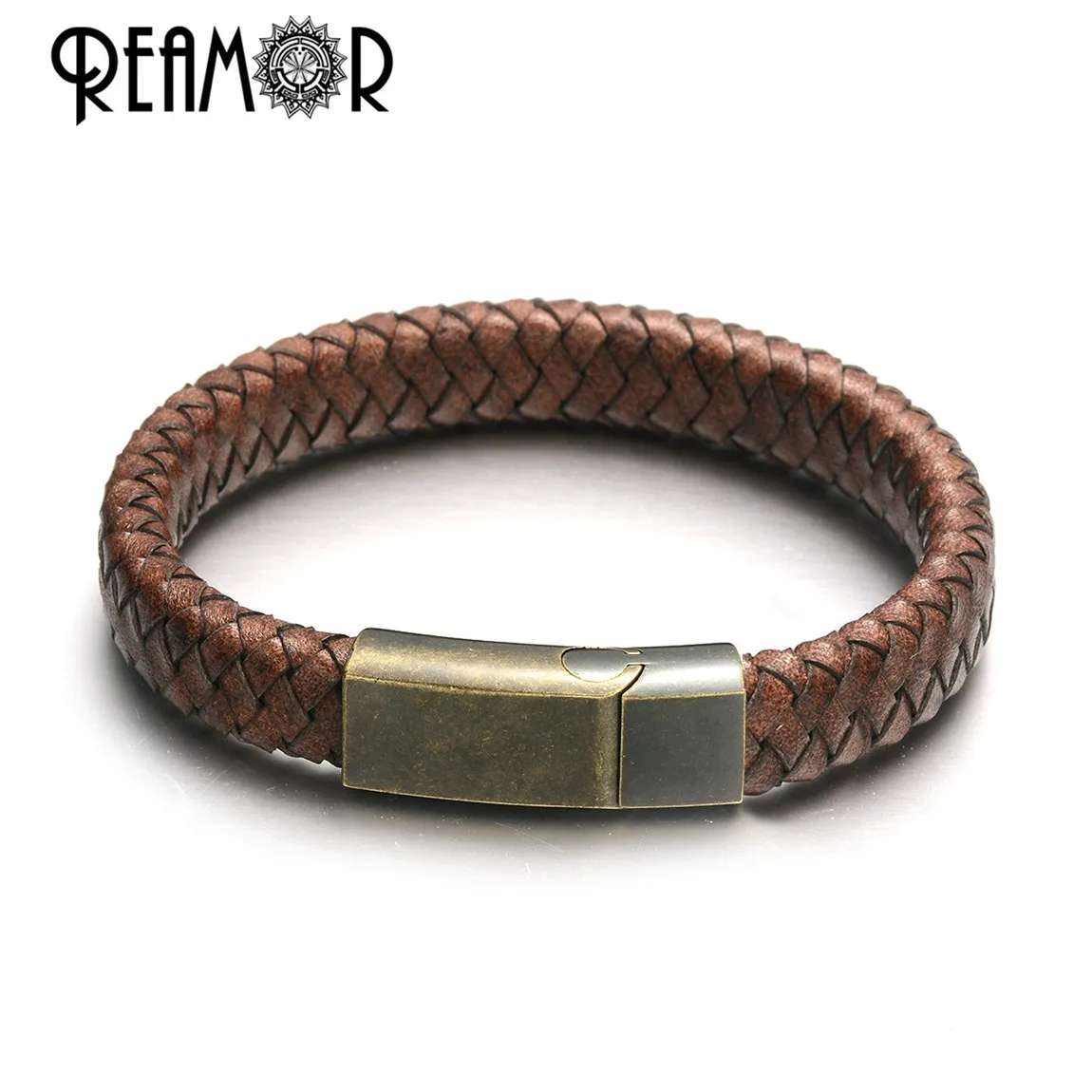 REAMOR настоящий плетеный кожаный браслет с нержавеющей сталью магнитный браслет с пряжкой для мужчин Ювелирные изделия Подарки