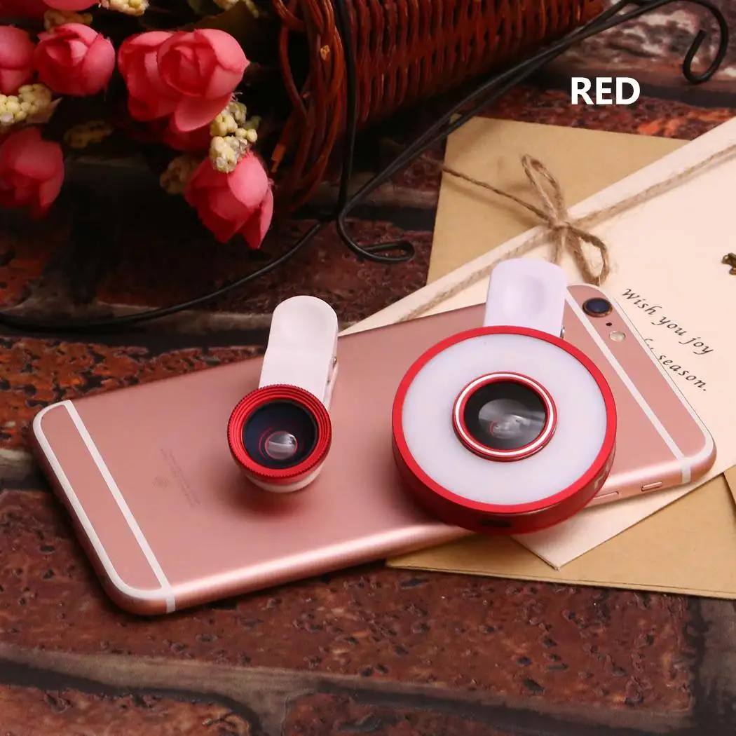 6 In 1 Clip On LED Light Fisheye Smartphones, Tablet PC 300pcs Wide Angle Macro Lens Kit For Smartphones
