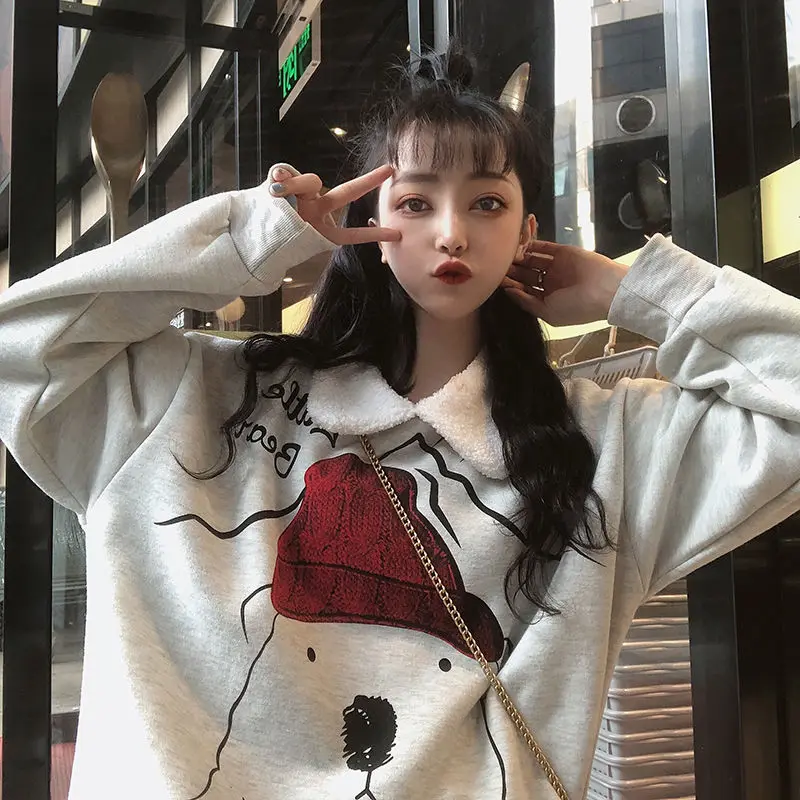 Толстовки женские с принтом зимние толстые бархатные с отложным воротником Kawaii универсальные свободные 2XL Корейский простой теплый пуловер Harajuku