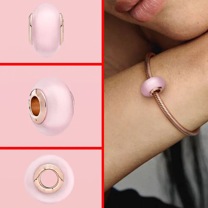 Hot 925 Sterling Silver Pendant Matte Pink Murano Glass Collaer Beads Fit Original Pandora Charms Bracelet Fine Jewelry Joyas | Украшения и