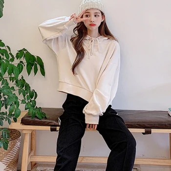 

Women Sweet Long Sleeve Solid Color Wild Sweatershirt Loose Hooded Short Pullover Sweatershirts
