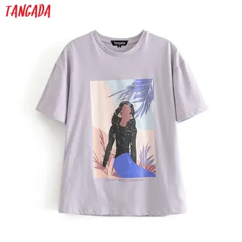

Tangada women vintage print purple cotton T shirt short sleeve cotton tees shirt for female street wear top 6A176
