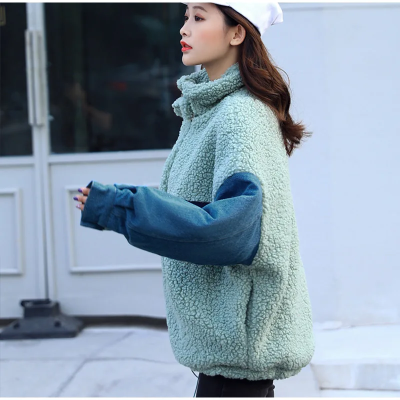 Зимняя джинсовая женская парка из овечьей шерсти, пальто из искусственного меха, лоскутное пальто с рукавом летучая мышь, женская верхняя одежда с воротником-стойкой в Корейском стиле