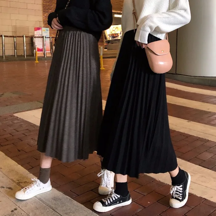 

2019 Autumn Clothing New Style Pleated Skirt Mid-length Students A- line Skirt Fashion High-waisted Slimming Versatile Woolen Sk
