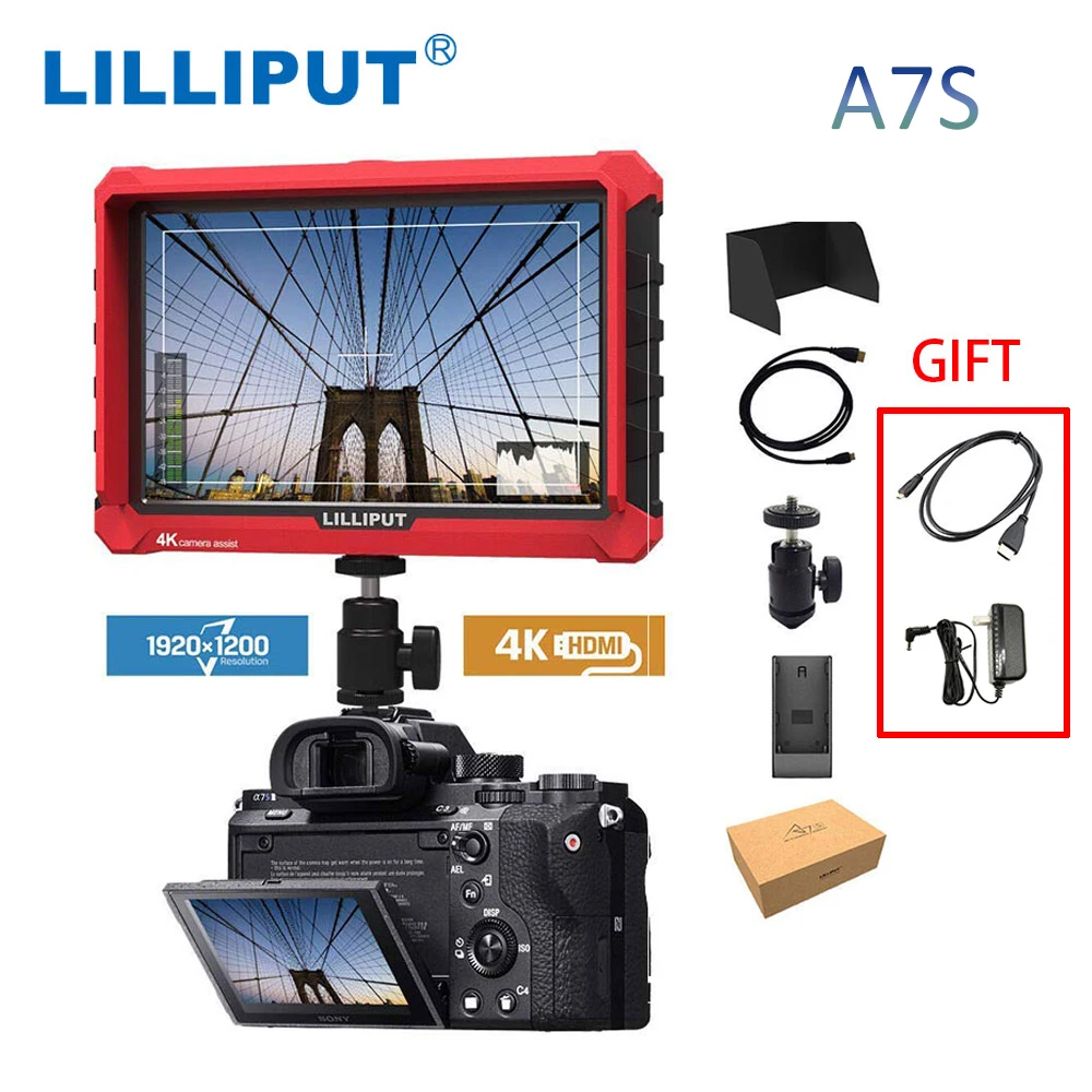Lilliput A7S 7 Inch 4K HDMI Input& Loop Output 1920x1200 HD IPS Screen Camera Field Monitor Video Assist for DSLR Mirrorless