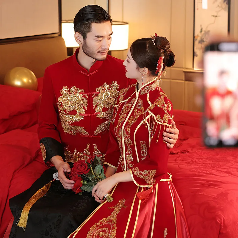 

Изысканная Вышивка Бисероплетение кисточки Китайский традиционный Чонсам элегантный свадебный костюм для пары свадебное платье для невесты