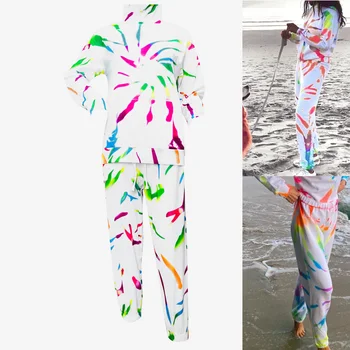 

Tie Dye Printed Women Pajamas Set Long Sleeve Tops and Long Pants Lounge Wear