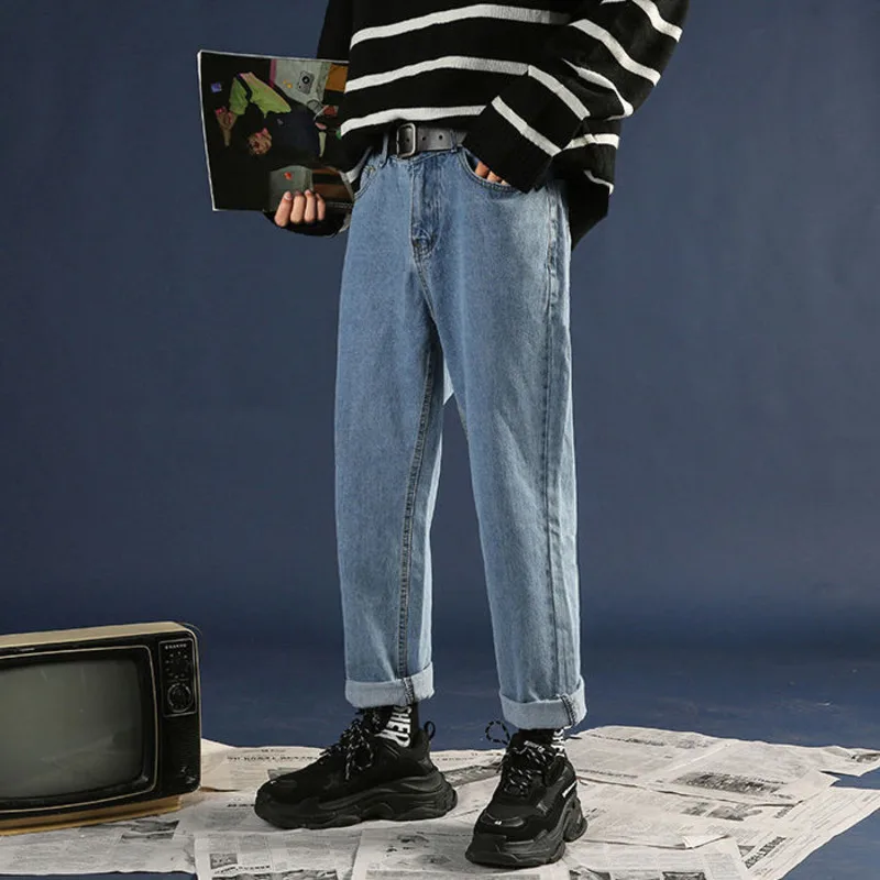 

Straight Jeans Men's Fashion Washed Casual Retro Korean Jeans Men Streetwear Wild Hip Hop Loose Denim Trousers Mens S-2XL