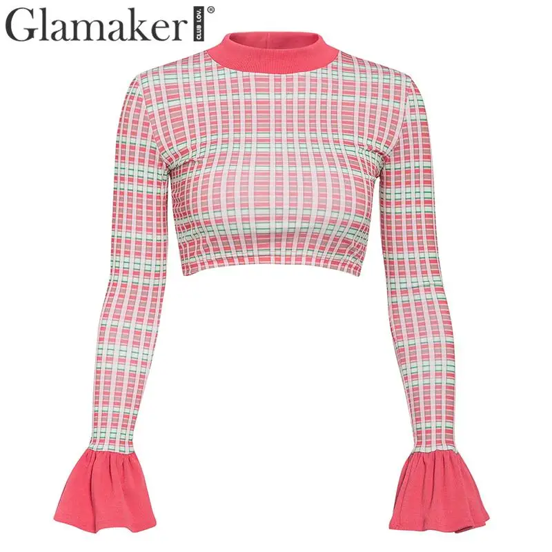Glamaker, клетчатая, с круглым вырезом, короткая футболка, женская, с длинным Расклешенным рукавом, в стиле пэчворк, с рюшами, элегантная, женская, на осень и зиму, вечерние, Сексуальная рубашка
