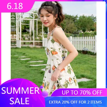 

IEF 2020 Summer Fruit Print Sling Dress Fashion Women Square Collar Sleeveless Slim Fit Female A-line Dresses 1326A-D0491-