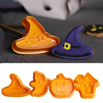 

4pcs/set Halloween Cookie Stamp Biscuit Mold 3D Cookie Plunger Cutter DIY Baking Mould Halloween Cookie Cutters For Kitchen Tool