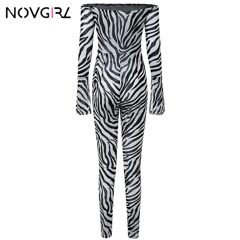 Novgirl сексуальный комбинезон с принтом лопарда для женщин 2019 Slash шеи сетчатый прозрачный ночной клубный вечерний комбинезон с длинными