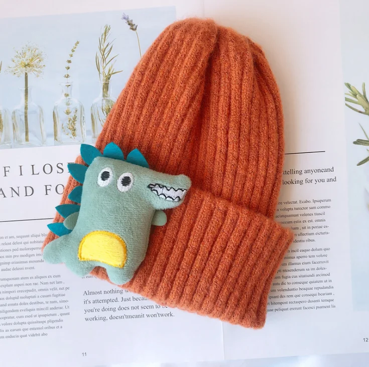 orange Теплые детские зимние шапки с динозавром для детей, детские вязаные шапки для маленьких мальчиков, детские шапки для маленьких девочек, Casquette, детские шапки - Цвет: orange