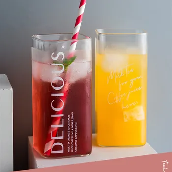 

Heat Resistant Square Glass Household High Borosilicate Water Cup Large Breakfast Juice Milk Cup Coffee Cup 400ml