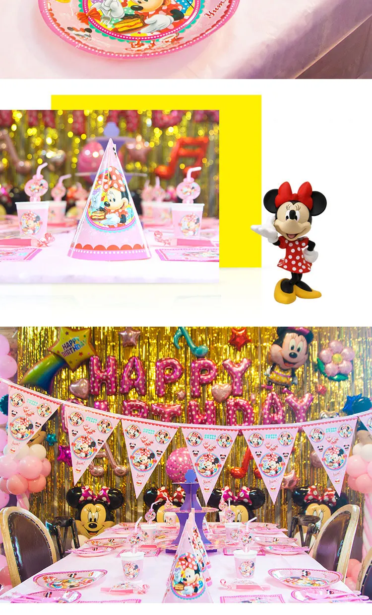 Minnie Mickey Mouse Party Theme Princess Pink Cartoon First Birthday Party Decoration Disposable Tableware Paper Towel Supplies