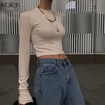 

KLALIEN Autumn Winter fashion base Women Casual Streetwear O-Neck Solid Color Long Sleeved T-Shirt 2020 Retro Short Slim Top