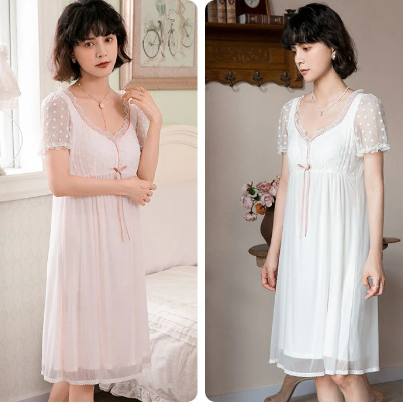 Sexy Lace Night Dress Women Fairy Sweet Mesh Short Sleeve Lolita Nightie  Princess Sleepwear Vintage Nightgowns With Built-in Bra - Nightgowns &  Sleepshirts - AliExpress