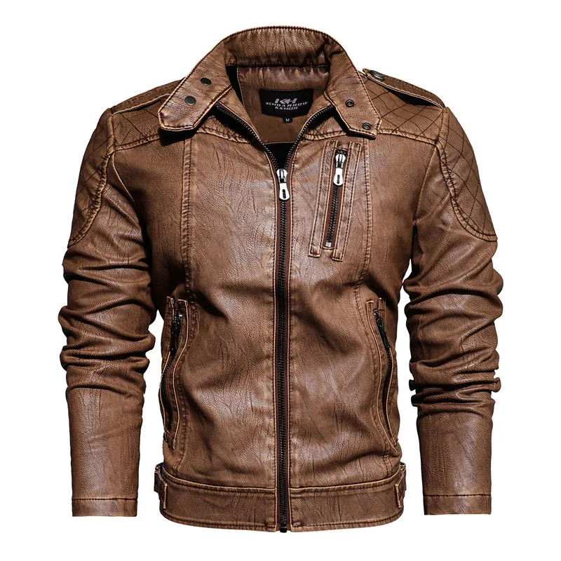 Fashion Winter Leather Jacket Men Stand Collar Motorcycle Washed Retro Velour Leather Jacket European Size Mens Coats Punk Style leather bomber jacket Casual Faux Leather