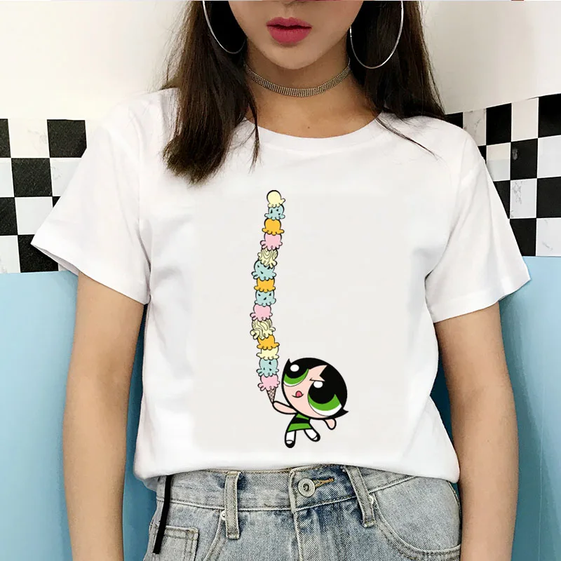 2020 New Summer Kawaii White Tops Powerpuff T Shirt Girls Harajuku Funny Cartoon Printed Cute T-shirts Women's Fashion Clothing