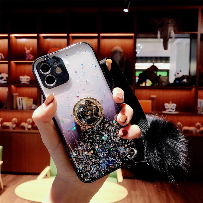 Anel de dedo diamante caso titular para xiaomi redmi nota 9s 9 8 pro 9c 9a mi note10 10 lite pelúcia bola cabelo macio cobre pára-choques