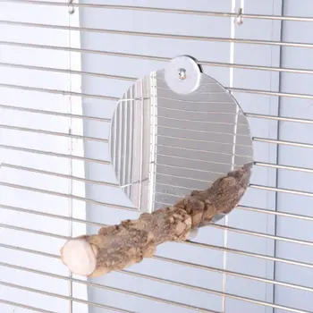 

Stainless Steel Bird Mirror with Perch Parrot Mirror Toy Feet Paw Grinding Nature Wood Stick Playing Stand Platform