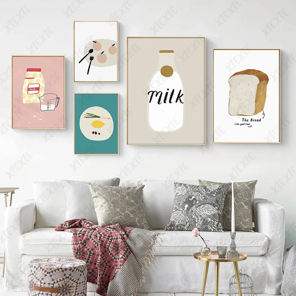 

Cartoon Breakfast Poster Wallpaper Toast Milk Canvas Painting Art Life Printing Craft Picture Decoration for Home Kitchen