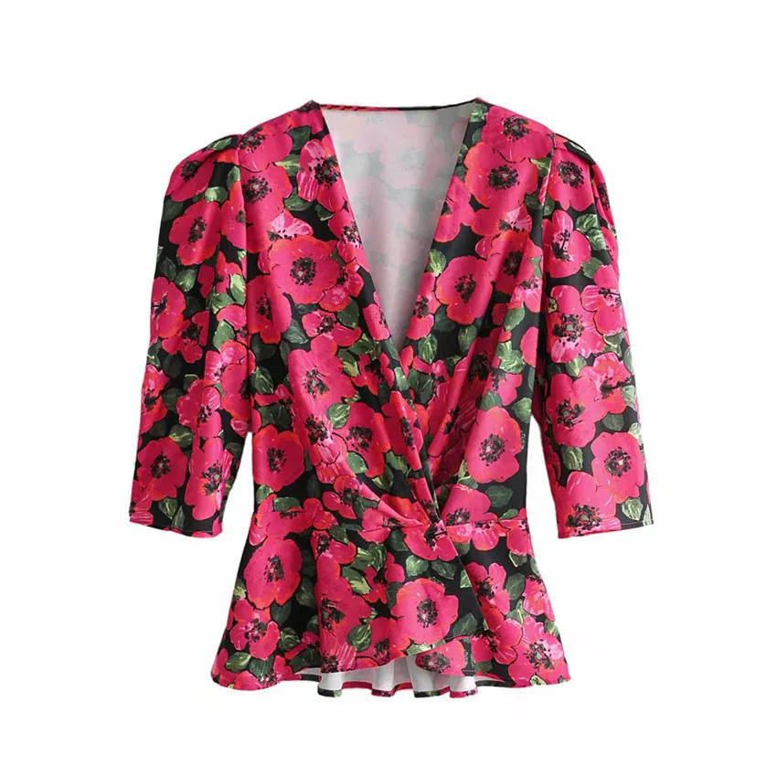 

Vintage Elegant Women Rose Red Floral Print Blouse Stylish Sexy Deep V-Neck Three Quarter Sleeve Shirt Casual Blusas Mujer