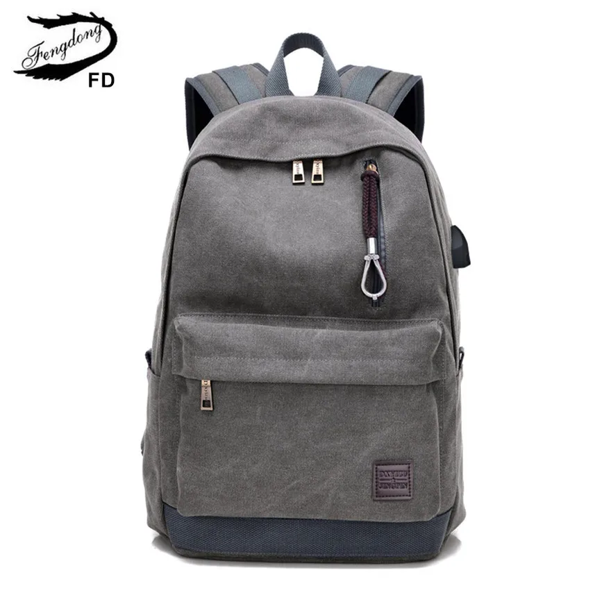 

Fengdong teenage boys school backpack usb bag with earphone jack men travel backpack student canvas bookbag school bags for boys